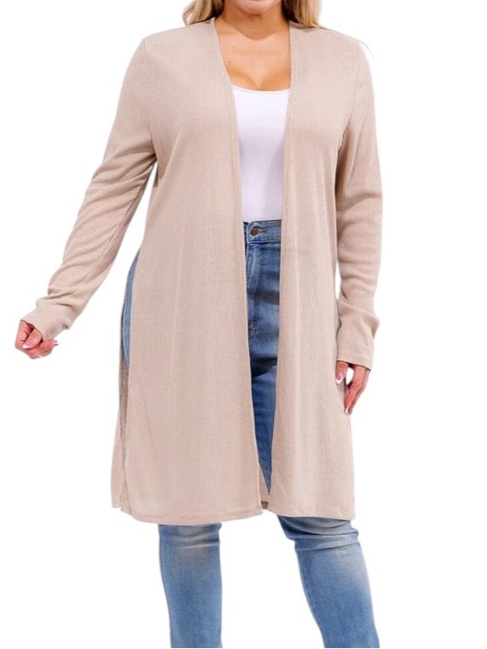 Light Weight Ribbed Plus Cardigan Slit Sides Tan
